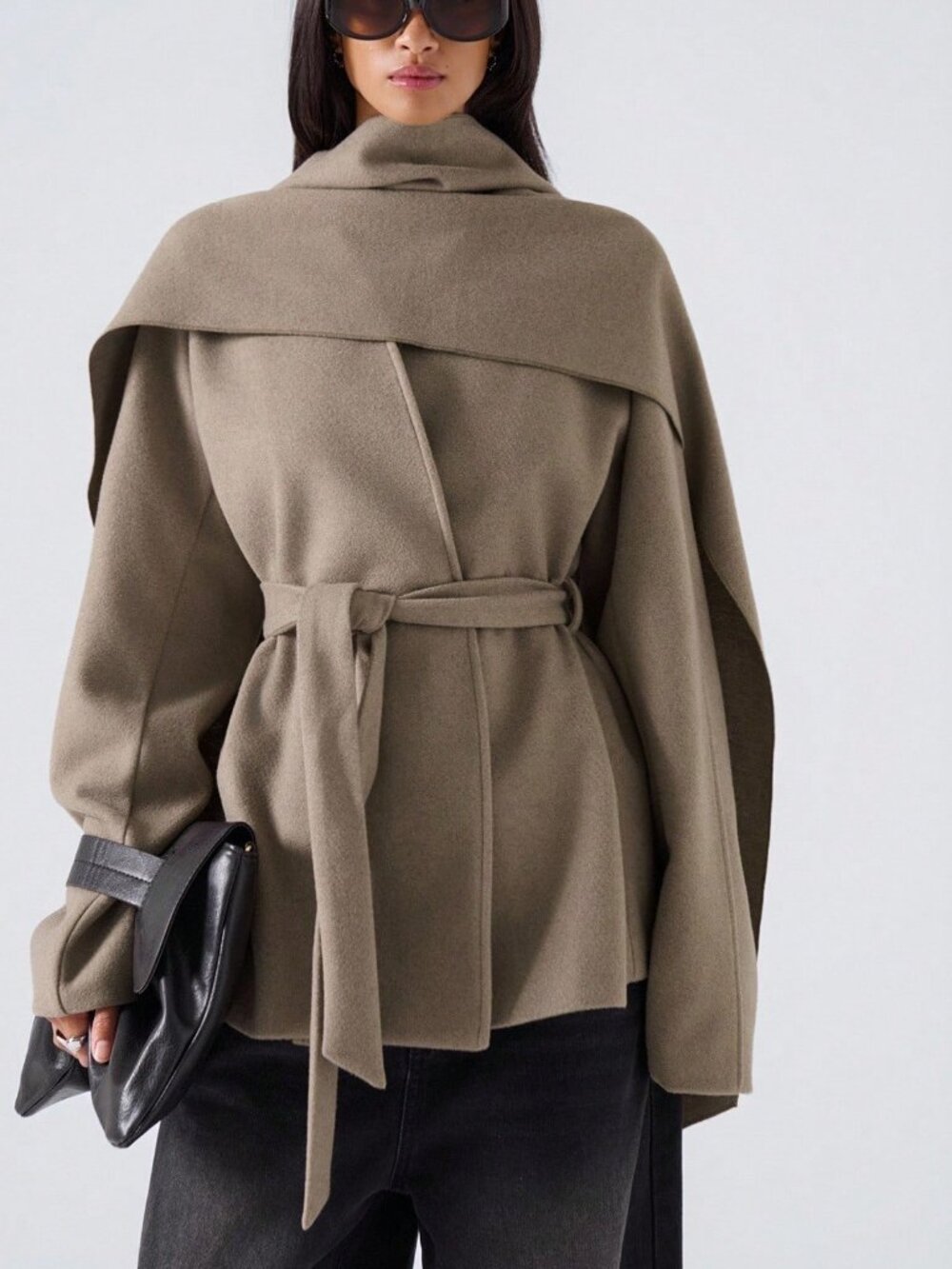 Khaki Elegant Women's Long Sleeve Overcoat with Waist Tie& Scarf Design